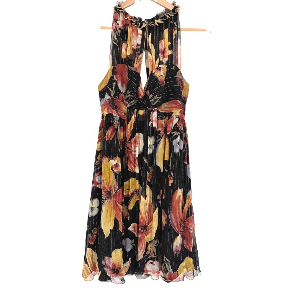 Anna Sui Silk Floral Halter Keyhole Dress Metallic Thread Crepe Dress Size 8